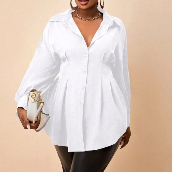 White Casual Women's Plus Size Long Sleeve Blouse Shirt - Picture 5 of 5